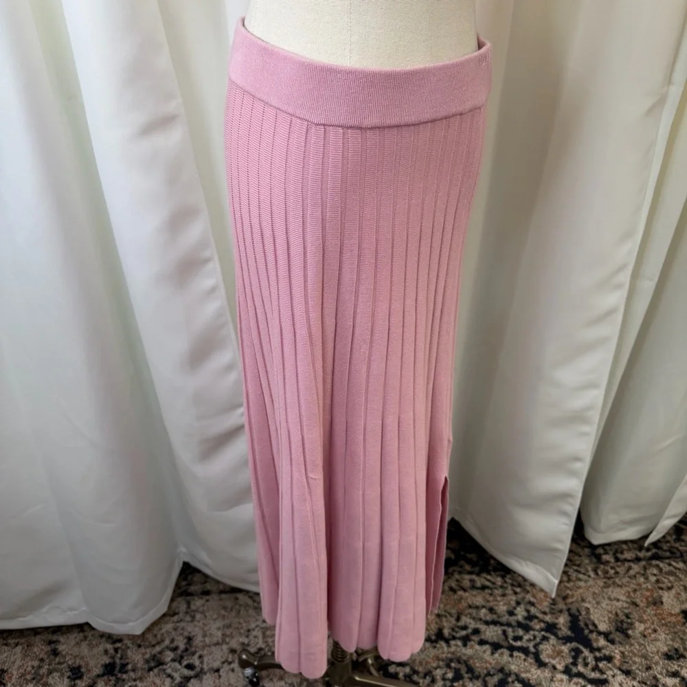 NWT Saks Fifth Avenue Pink Stretch Knit Wide Ribbed Midi Skirt w/ Slit Size S